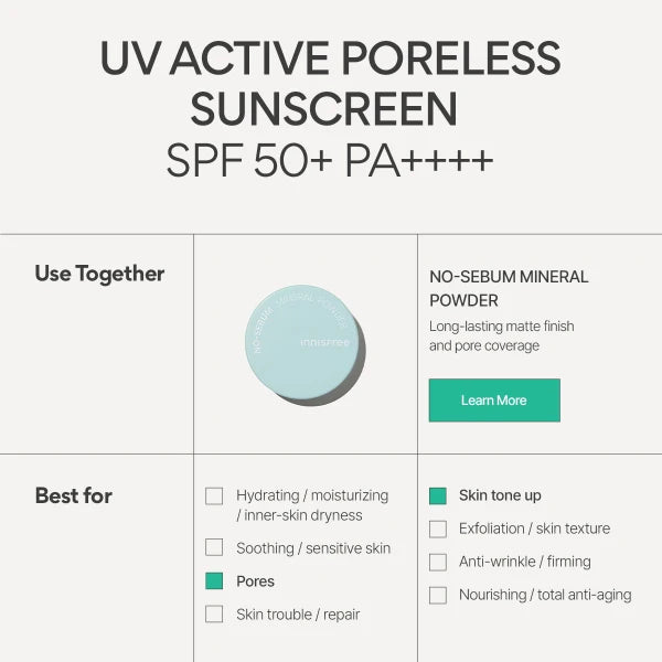 INNISFREE UV Active Poreless Sunscreen SPF50+ PA++++ 50ml